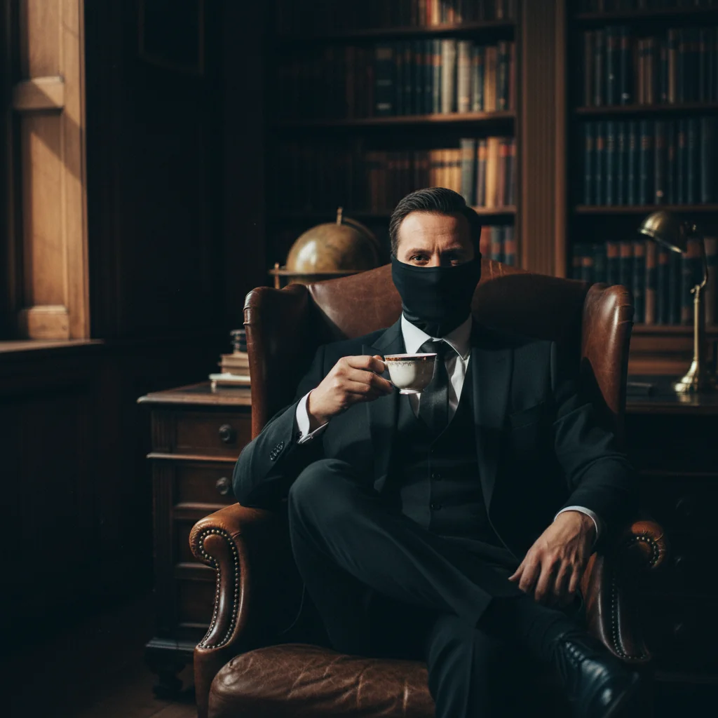 Ashton Wake, in dark study, holding tea.