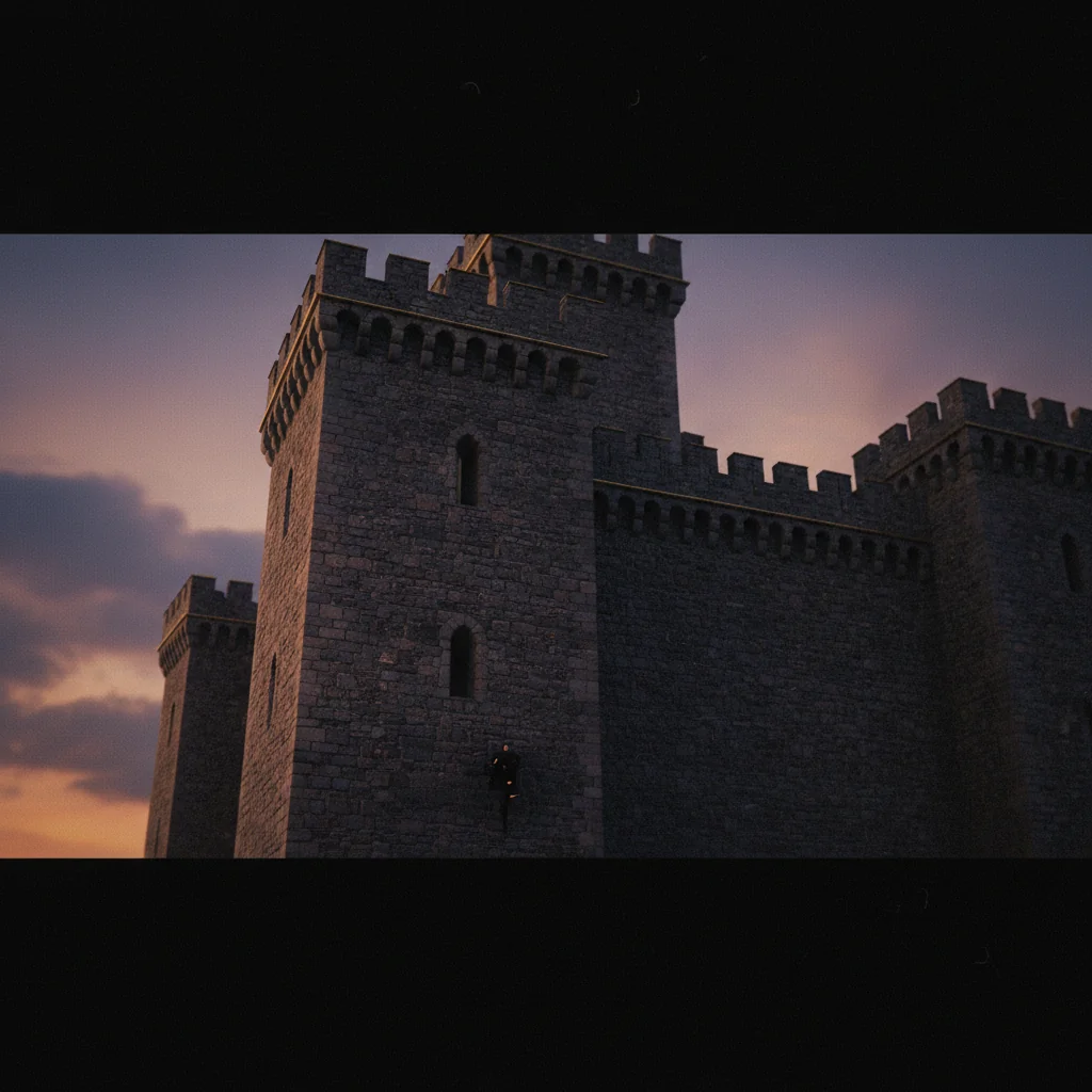 Figure scaling a stone castle wall at deep twilight.