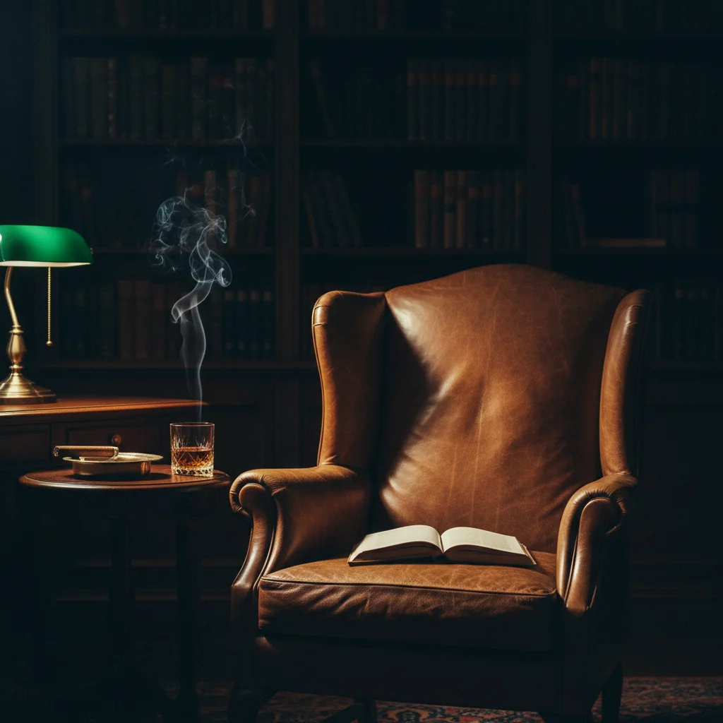 Empty leather chair, still-smoking whisky and cigar.