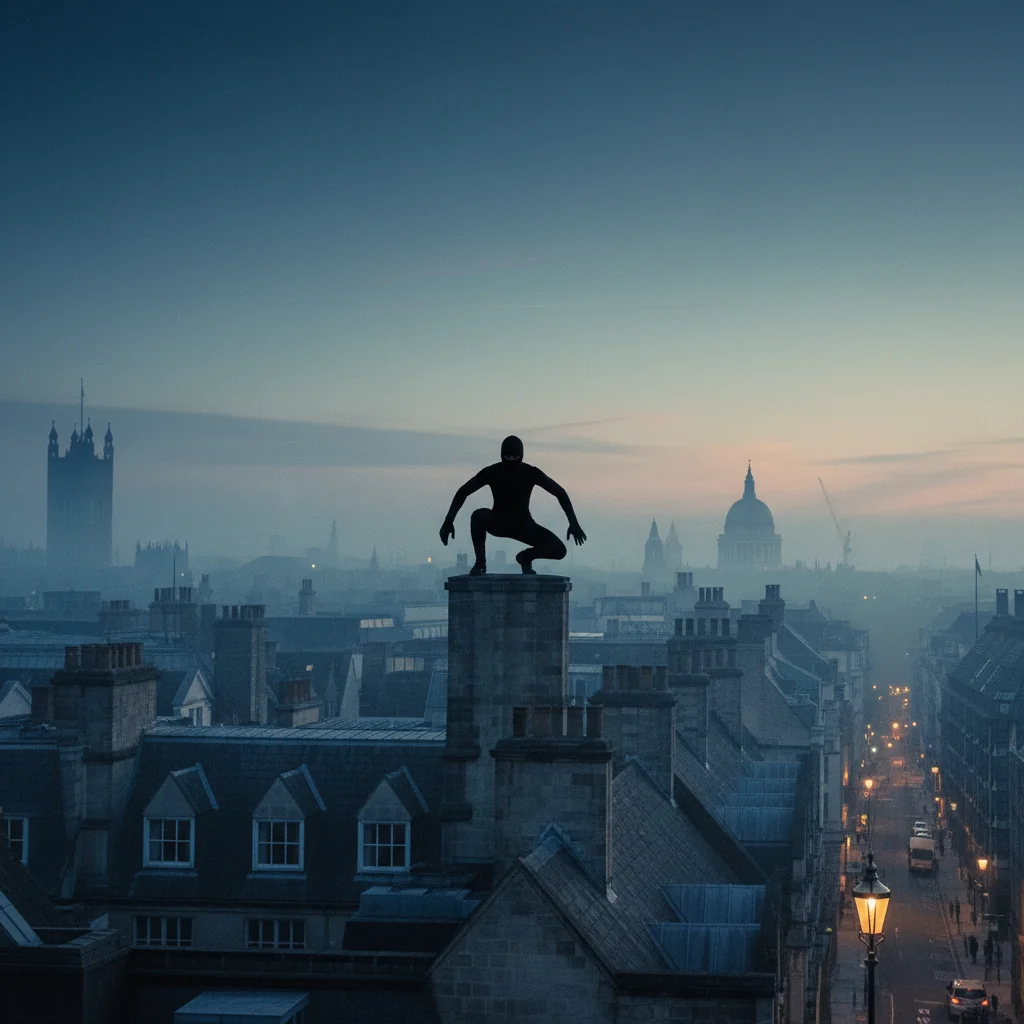 Silhouette of figure crouched on London rooftop at dawn.
