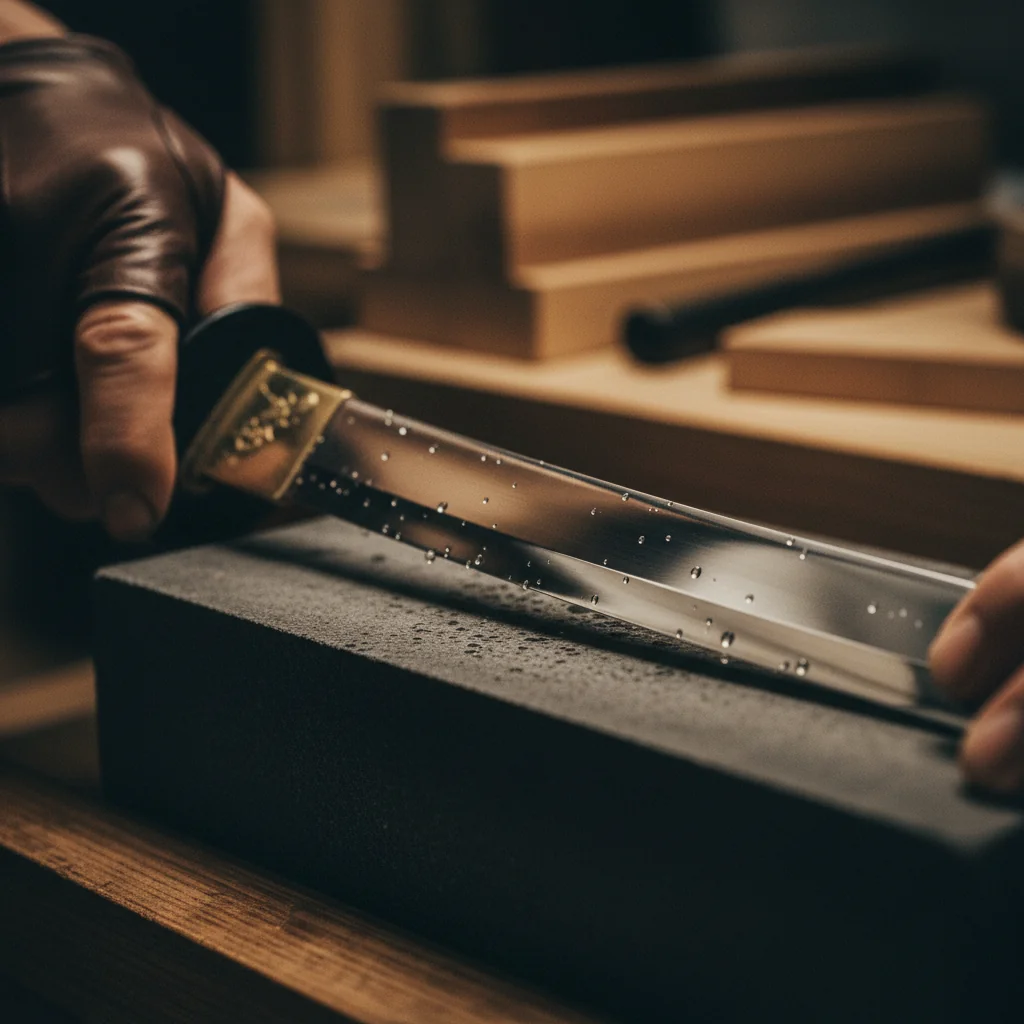 Katana blade being honed on a Japanese water stone.