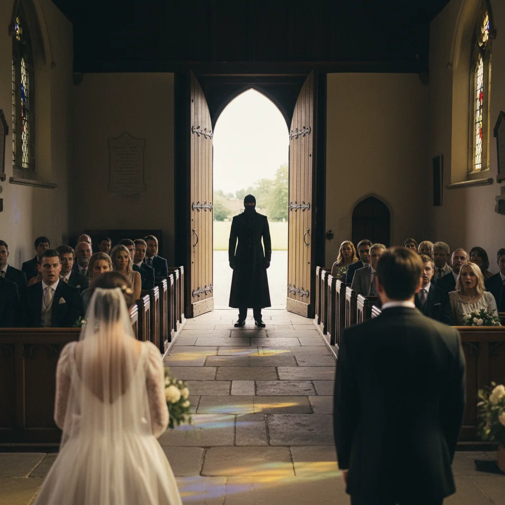 Silhouette in the doorway of a wedding chapel mid-ceremony.